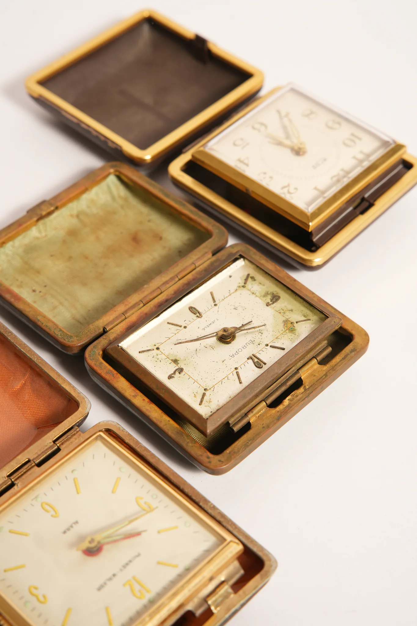 Europa 7 Jewels Travel Alarm Clock in Leather Case — photograph