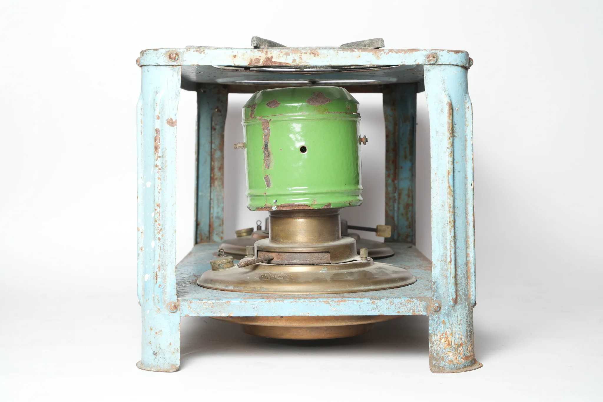 Vintage Dual-Burner Kerosene Stove on Blue Steel Stand — photograph 5