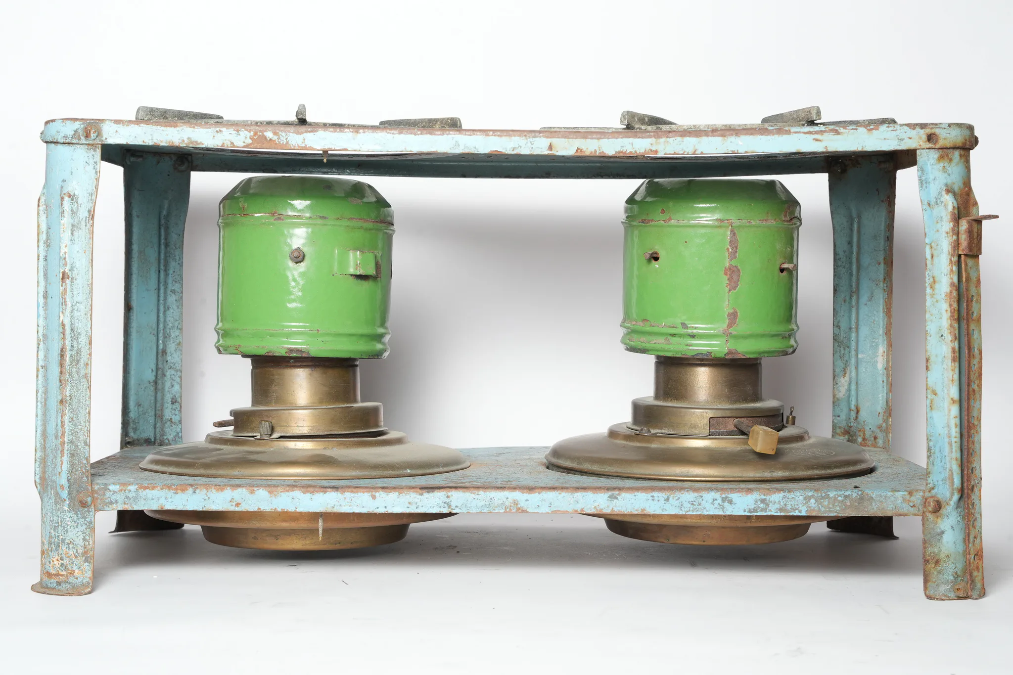 Vintage Dual-Burner Kerosene Stove on Blue Steel Stand — photograph 6