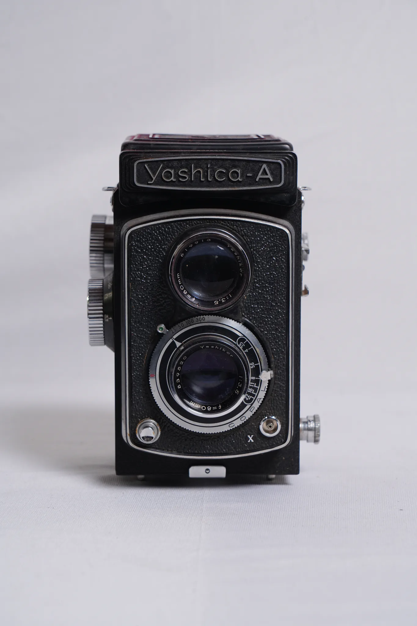 Yashica-A Twin-Lens Reflex Camera with Leather Case — photograph