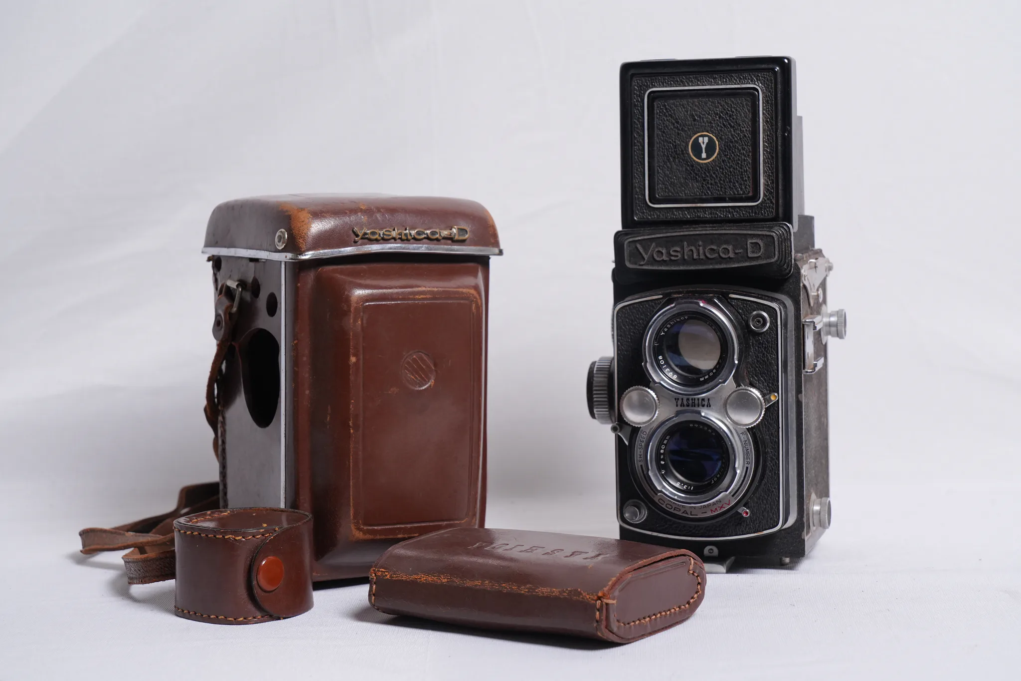 Yashica-D Twin-Lens Reflex Camera with Original Leather Case — photograph
